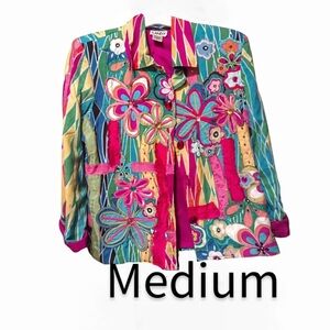 M Embellished Appliqued Flower Power Lined Jacket Bold Colorful